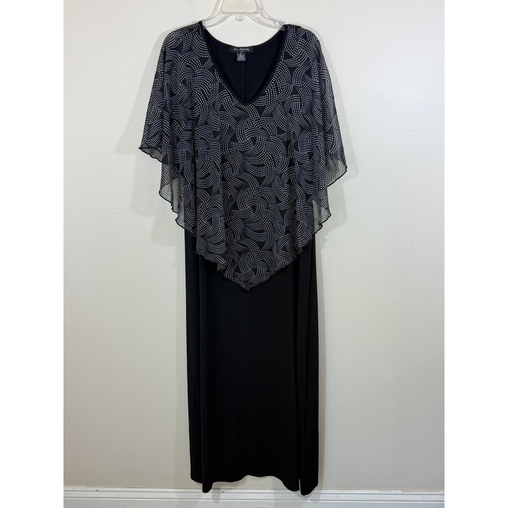 Eric McCarthy Women's 1X Black White Dot Cape Overlay Maxi Dress Plus Size